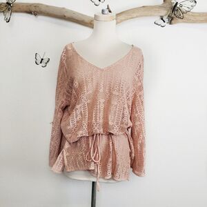 Lucky brand crochet knit belted boho top blush